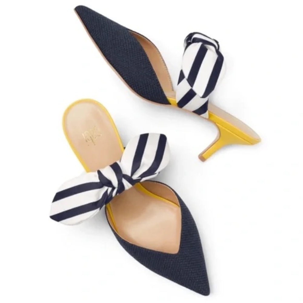 cAbi Navy & Yellow Kitten Heel Mules with Striped Bow – Size 8